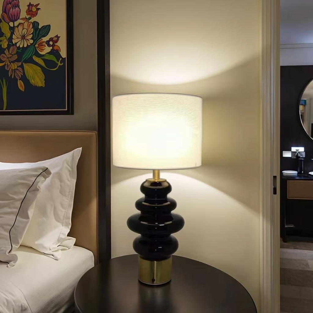 Black Glass and Gold Metal Elegance: White Linen Table Lamp for Sophisticated Spaces