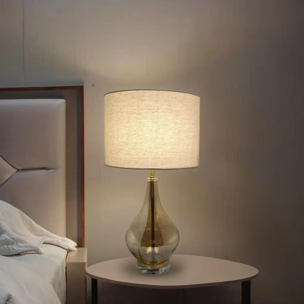 Elegant Amber Glass Table Lamp with Clear Crystal Base and Linen Shade