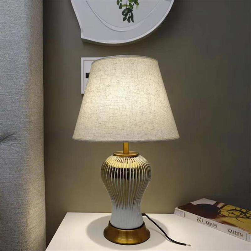 Stylish Gold Striped Ceramic Table Lamp with Linen Shade