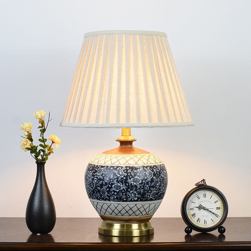 Retro Ceramic Table Lamp with Handmade Linen Shade