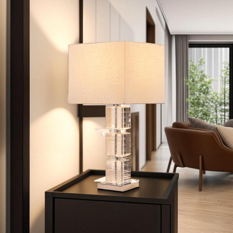 Elegant Crystal - Block Table Lamp with Linen Shade