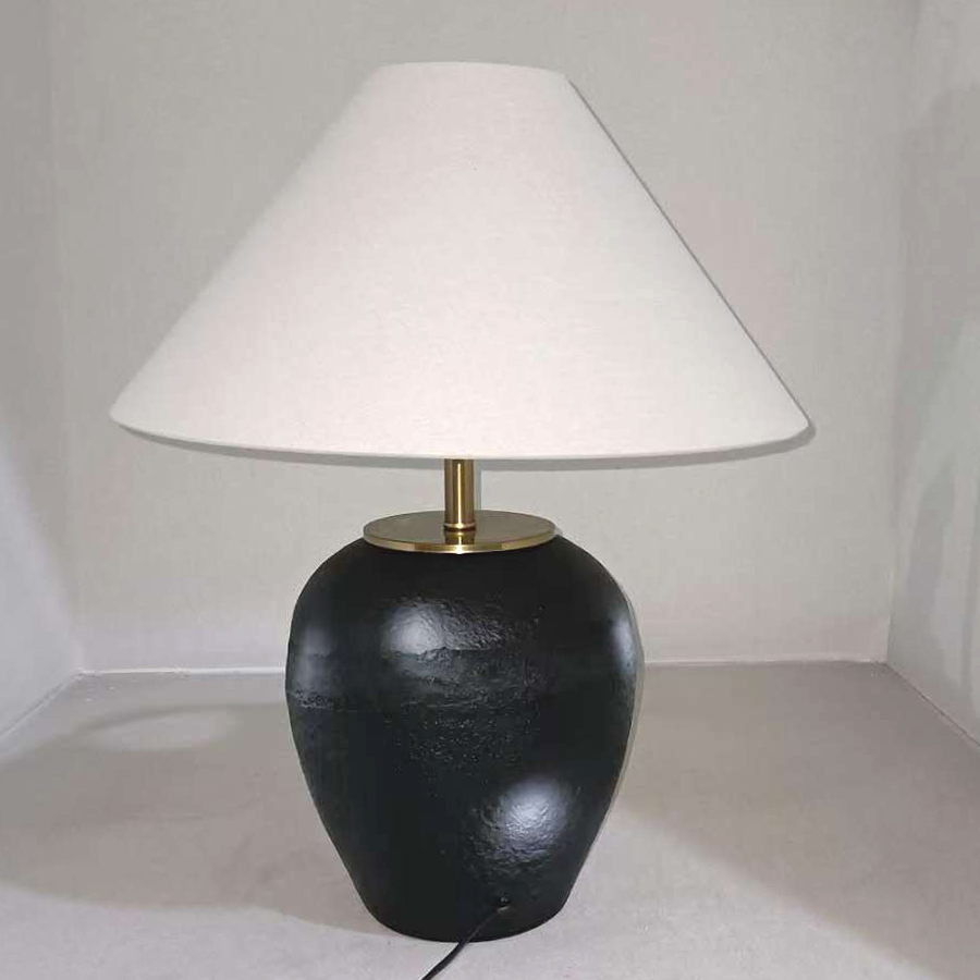 Black Ceramic and Copper - Metal Table Lamp with Linen Shade