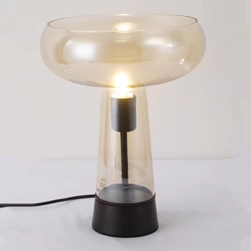 Modern Minimalist Table Lamp: Amber/Smoke Gray Glass Shade with Black Metal Base