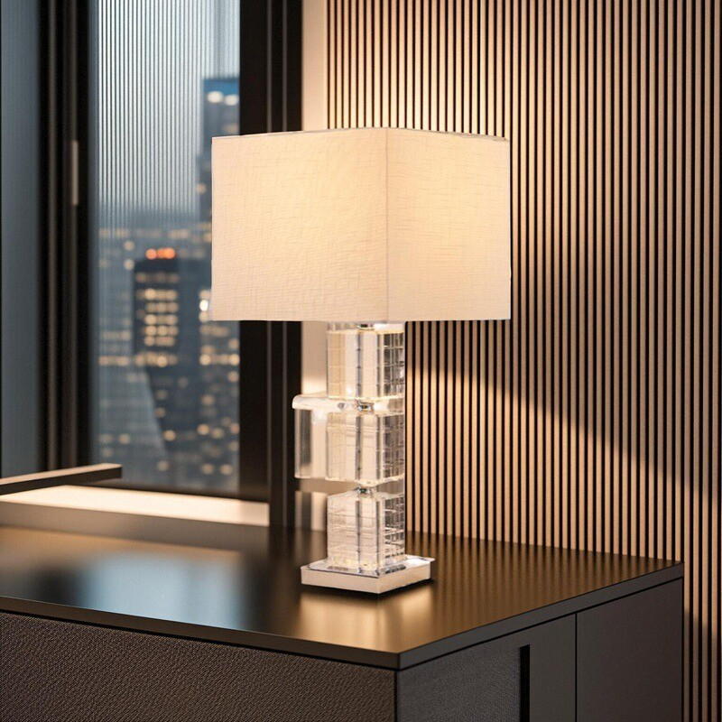 Elegant Crystal - Block Table Lamp with Linen Shade