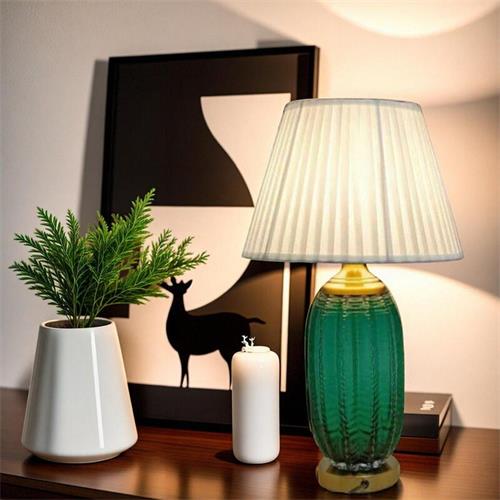 Vintage Green Glass Table Lamp with Pleated Cloth Shade