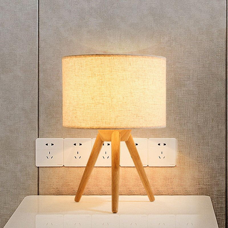 Nordic Natural Style Tripod Table Lamp: Wooden Body, Linen Shade