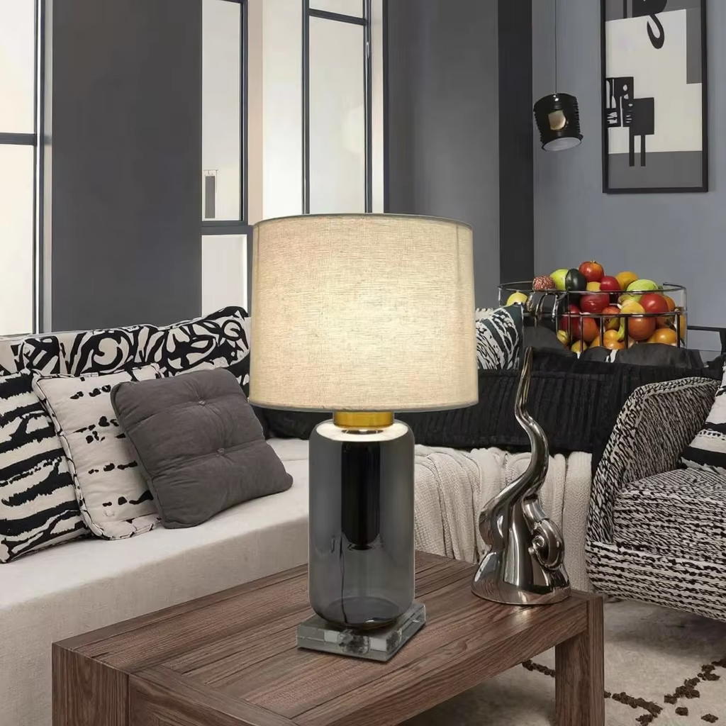 Sleek and Luxurious: Chrome Glass Body Table Lamp with Clear Crystal Base and Linen Shade