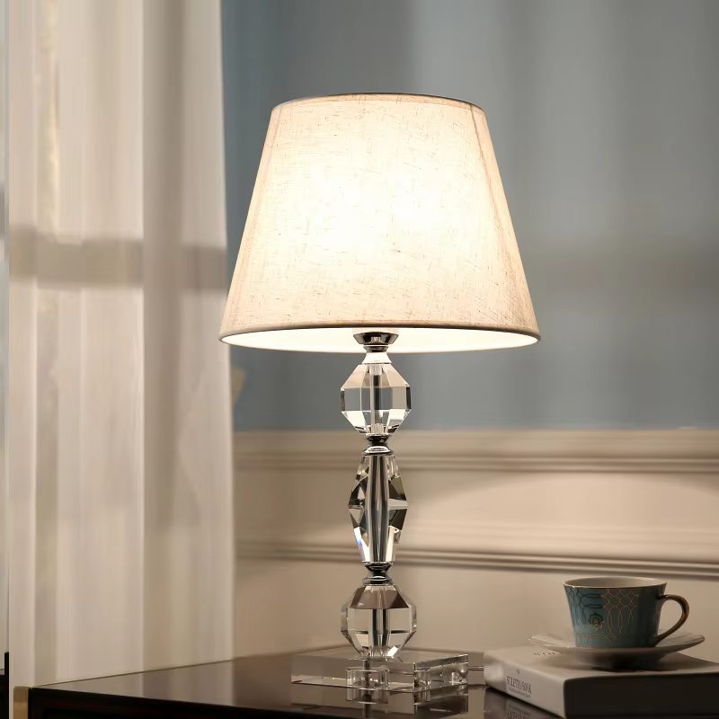 Crystal Glass Table Lamp: Linen Shade, E17 Socket, Elegant Lighting Decor