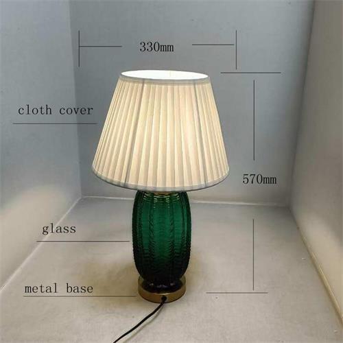 Vintage Green Glass Table Lamp with Pleated Cloth Shade