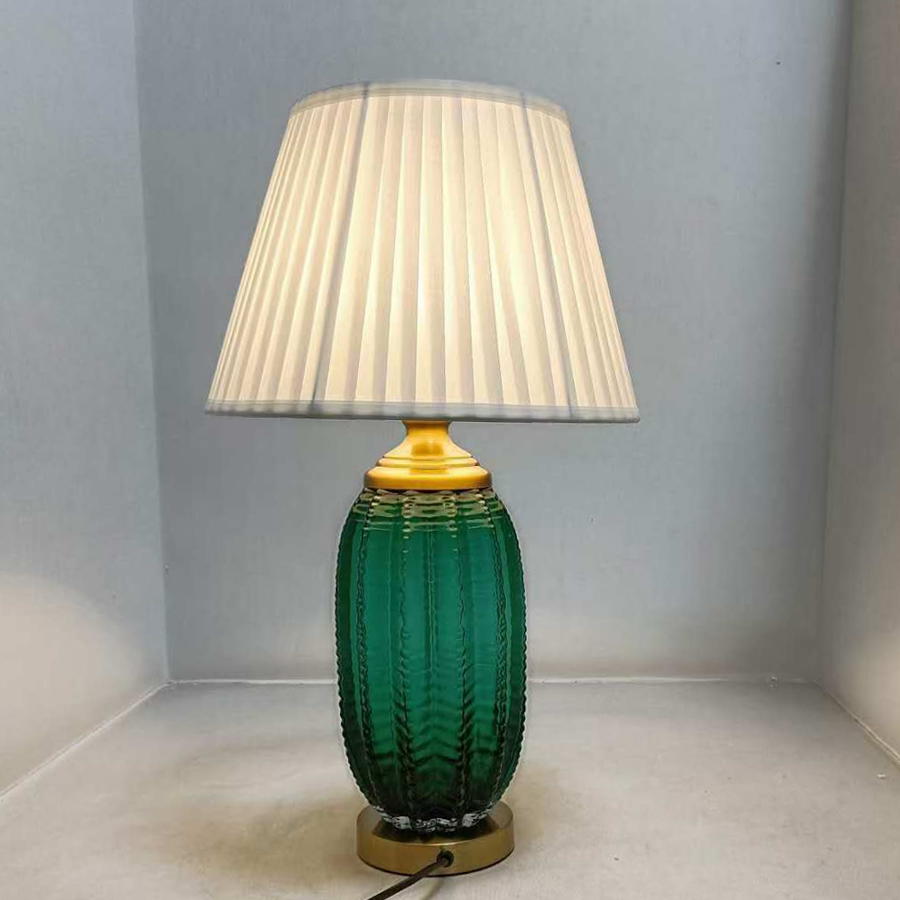 Vintage Green Glass Table Lamp with Pleated Cloth Shade