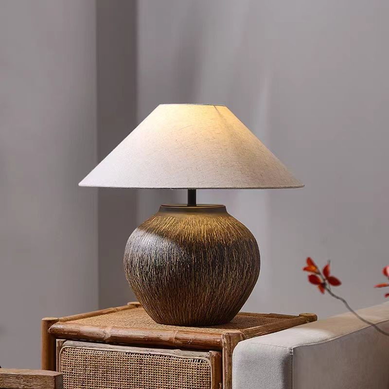 Textured Ceramic Base Table Lamp with Linen Shade (E27 Socket)