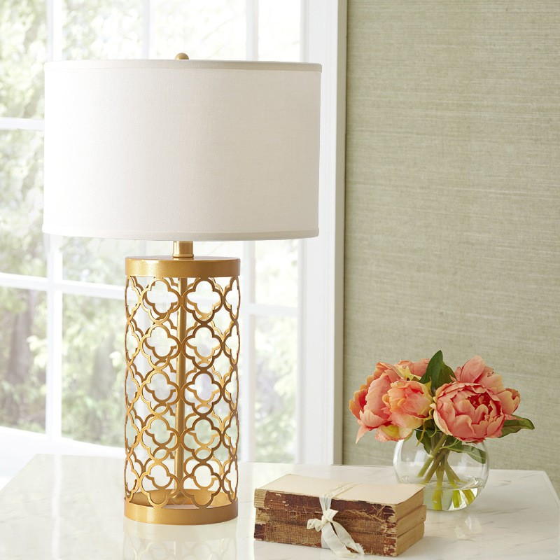 Elegant Gold - Bronze Electroplated Table Lamp: Linen Shade & Hollow - Out Design