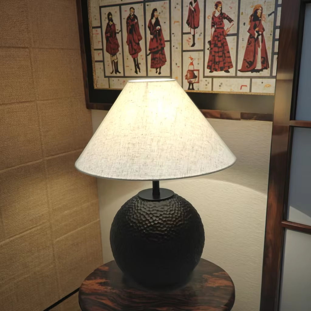 Black Ceramic Base Table Lamp with 420mm Linen Shade & Metal Support