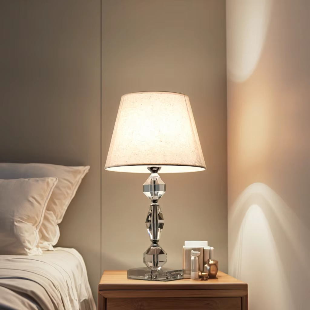 Crystal Glass Table Lamp: Linen Shade, E17 Socket, Elegant Lighting Decor