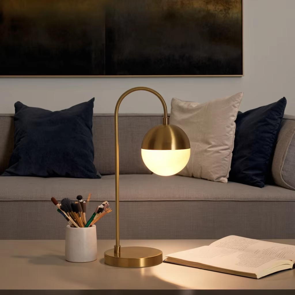 Gold Metal Arc Table Lamp with Milk - White Glass Shade（E14/E12 Base）