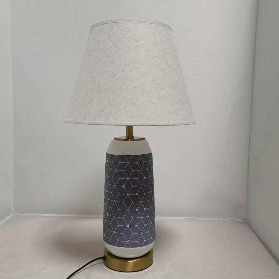 Geometric Pattern Ceramic Table Lamp: A Fusion of Cloth Shade, Metal Base, and Artistic Design Keywords