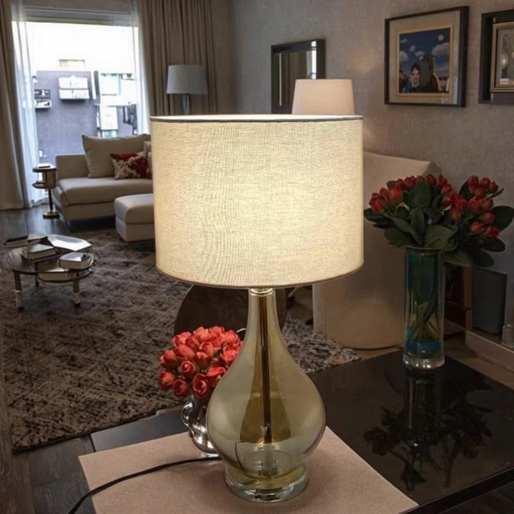 Elegant Amber Glass Table Lamp with Clear Crystal Base and Linen Shade