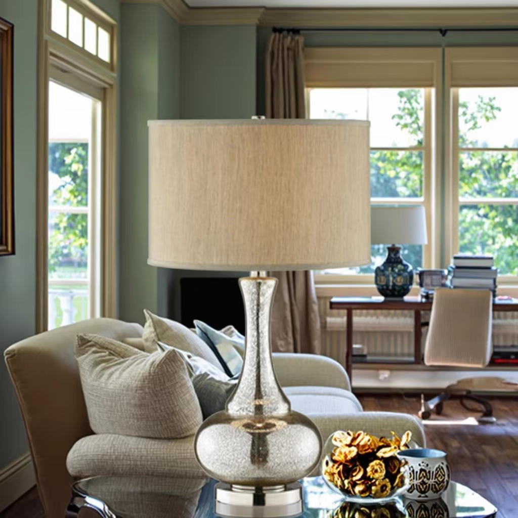 Elegant Glass Table Lamp with Fabric Shade - Timeless Beauty for Your Home