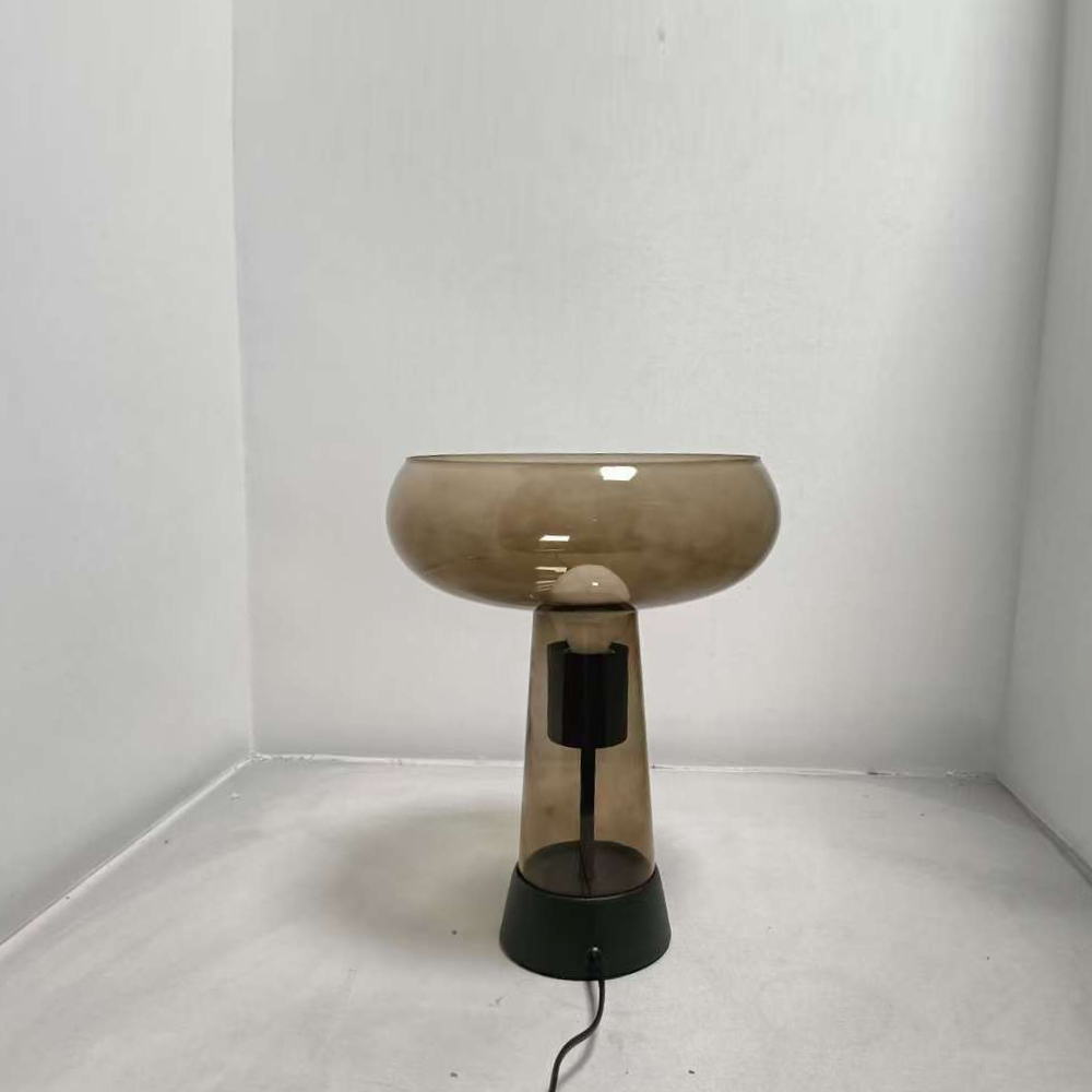 Modern Minimalist Table Lamp: Amber/Smoke Gray Glass Shade with Black Metal Base