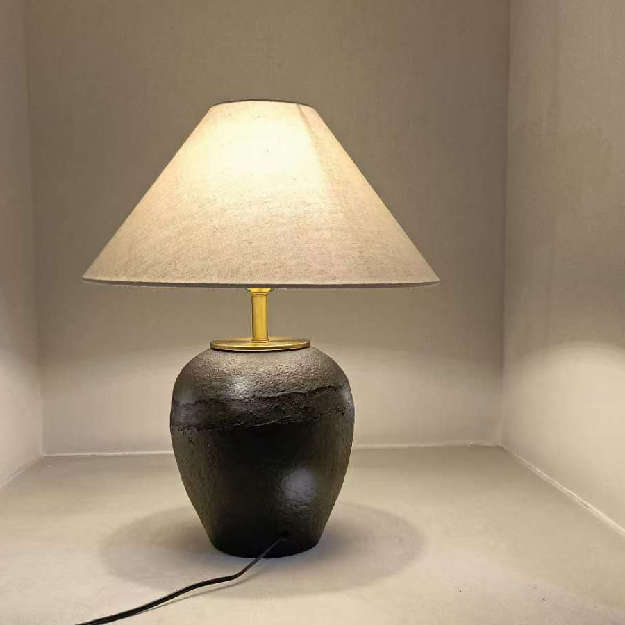 Black Ceramic and Copper - Metal Table Lamp with Linen Shade