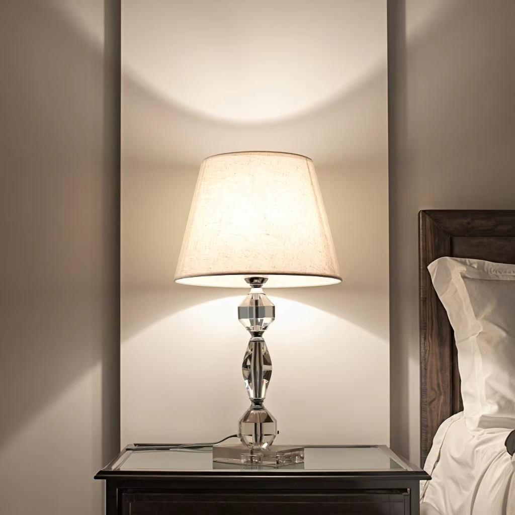 Crystal Glass Table Lamp: Linen Shade, E17 Socket, Elegant Lighting Decor