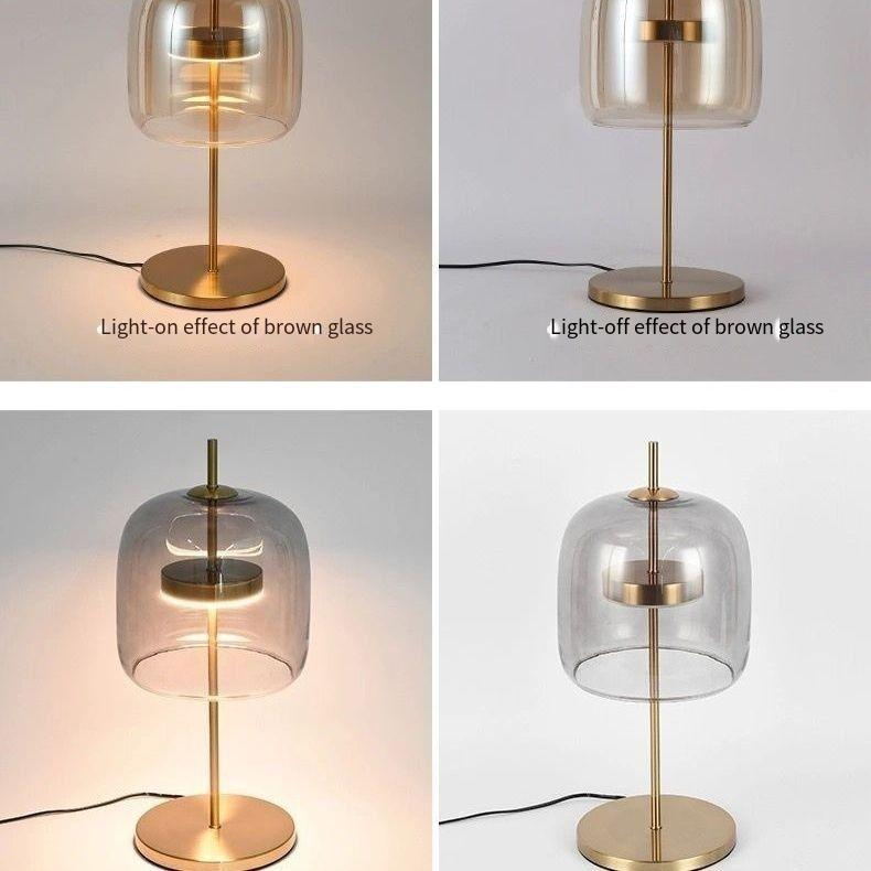 Elegant Modern Table Lamp: Amber/Smoke Gray Glass Shade, Gold Metal Body