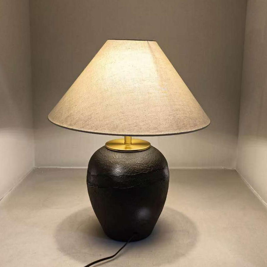 Black Ceramic and Copper - Metal Table Lamp with Linen Shade