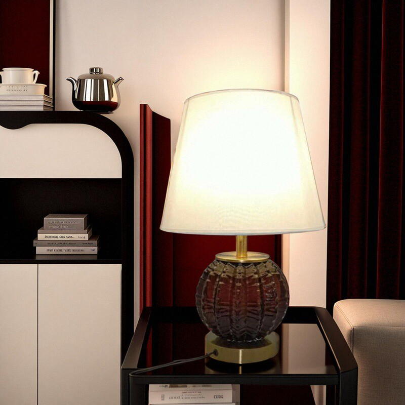 Vintage - Style Glass & Metal Table Lamp with Cloth Shade