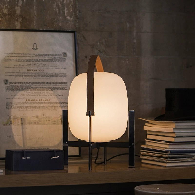 Modern Minimalist Table Lamp: Chrome Metal + Milky Glass + Brown Leather Accents