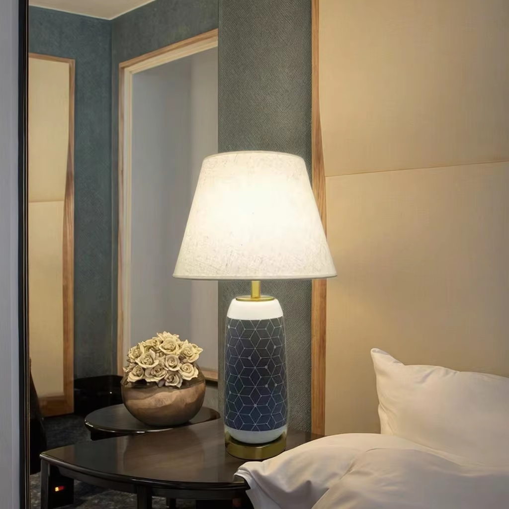 Geometric Pattern Ceramic Table Lamp: A Fusion of Cloth Shade, Metal Base, and Artistic Design Keywords