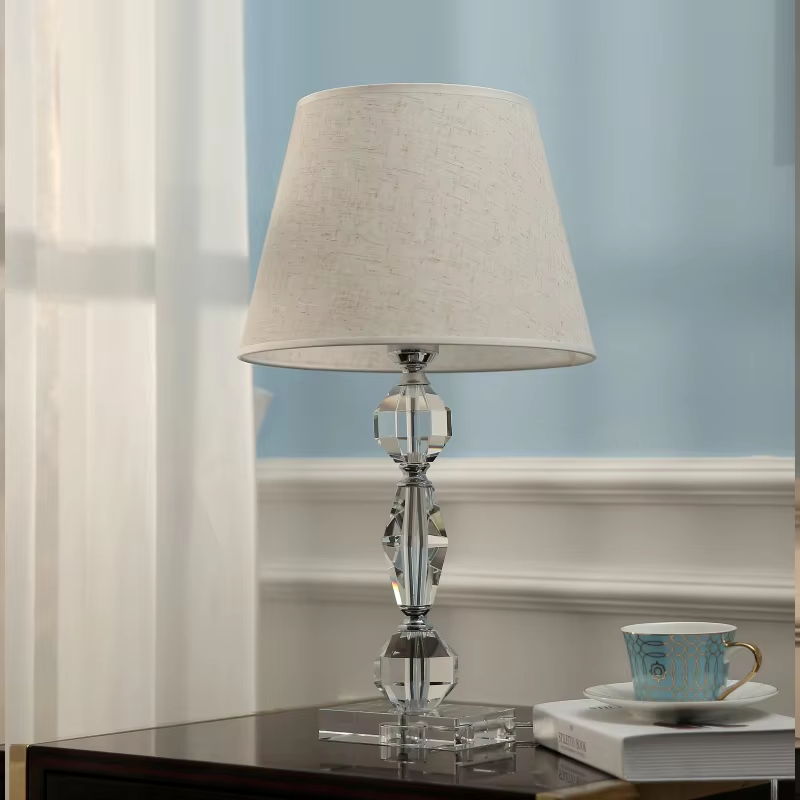 Crystal Glass Table Lamp: Linen Shade, E17 Socket, Elegant Lighting Decor