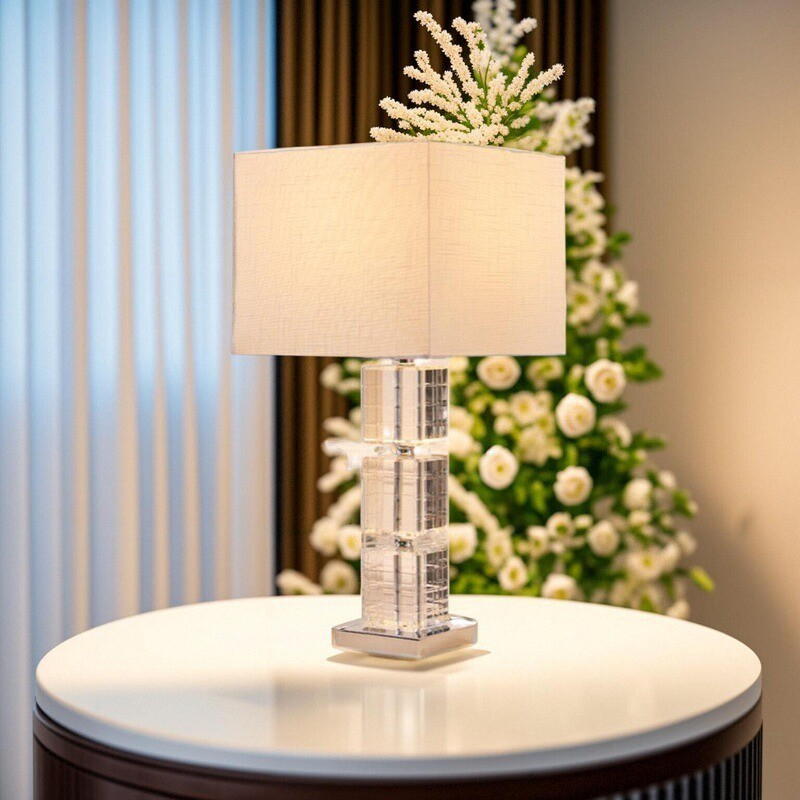 Elegant Crystal - Block Table Lamp with Linen Shade
