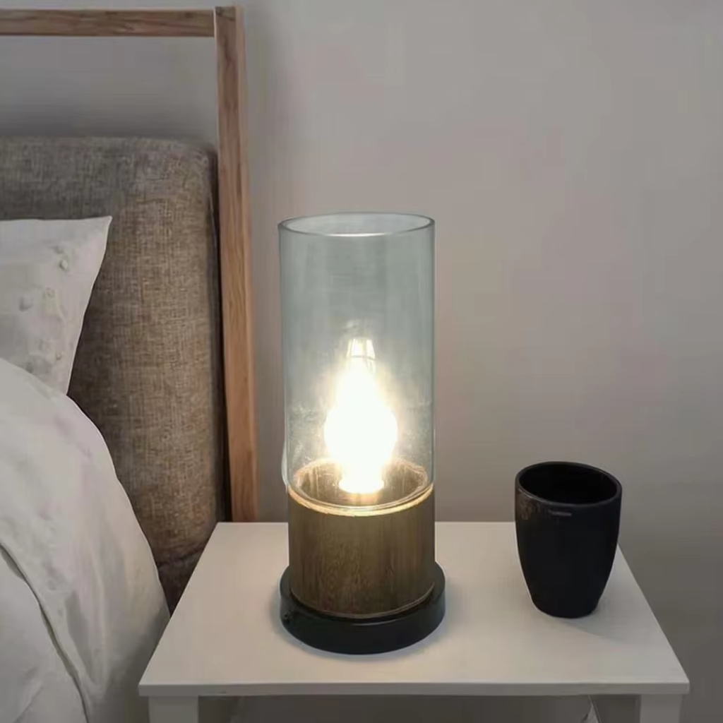 Modern Rustic Fusion: Glass, Wood, and Metal Table Lamp