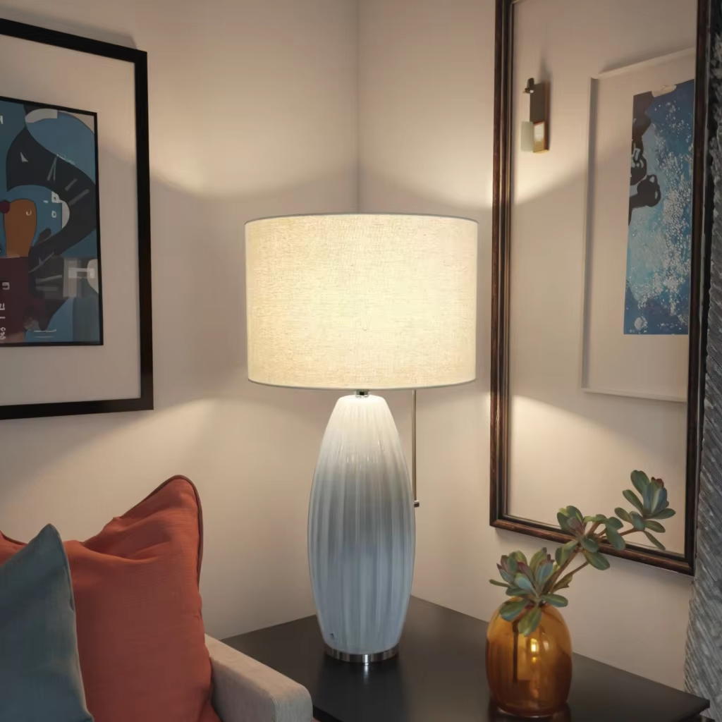 The Perfect Blend of Nature and Elegance: Table Lamp with E27 Lamp Holder, Linen Shade, and White Ceramic Base