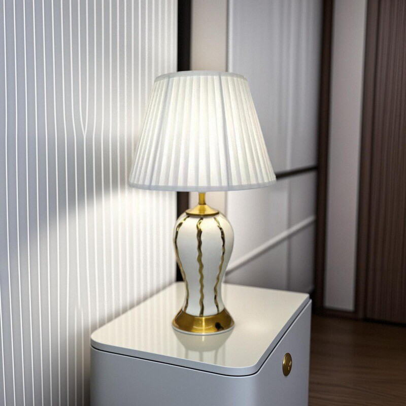 Elegant White Ceramic Table Lamp with Gold Accents & Linen Shade