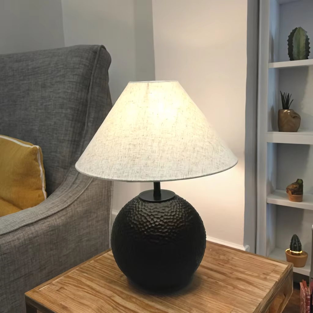 Black Ceramic Base Table Lamp with 420mm Linen Shade & Metal Support