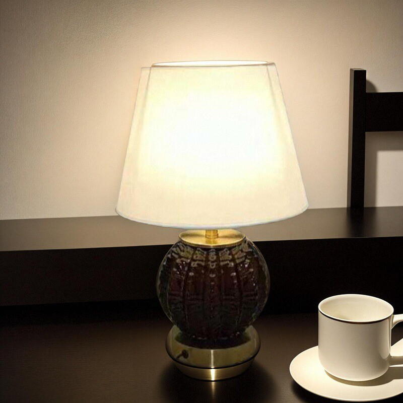 Vintage - Style Glass & Metal Table Lamp with Cloth Shade