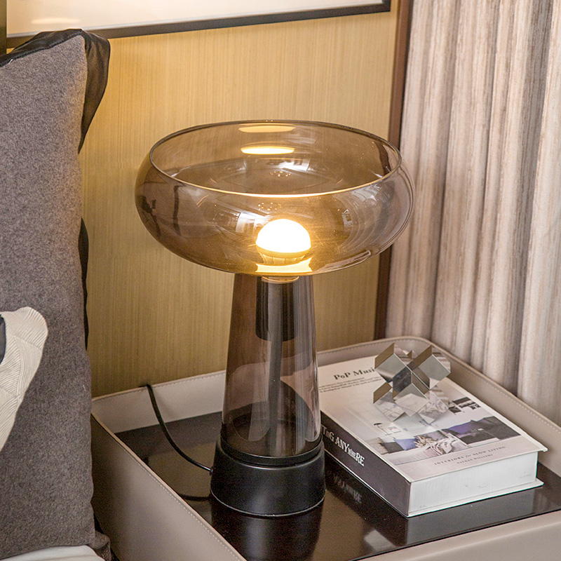 Modern Minimalist Table Lamp: Amber/Smoke Gray Glass Shade with Black Metal Base