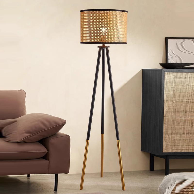 Modern Tripod Floor Lamp with Bamboo and Fabric Shades