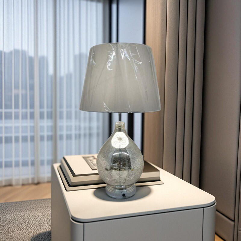 Muted - Luxury Silver Glass Table Lamp: Chrome Base, Gray Linen Shade & E26 Versatility