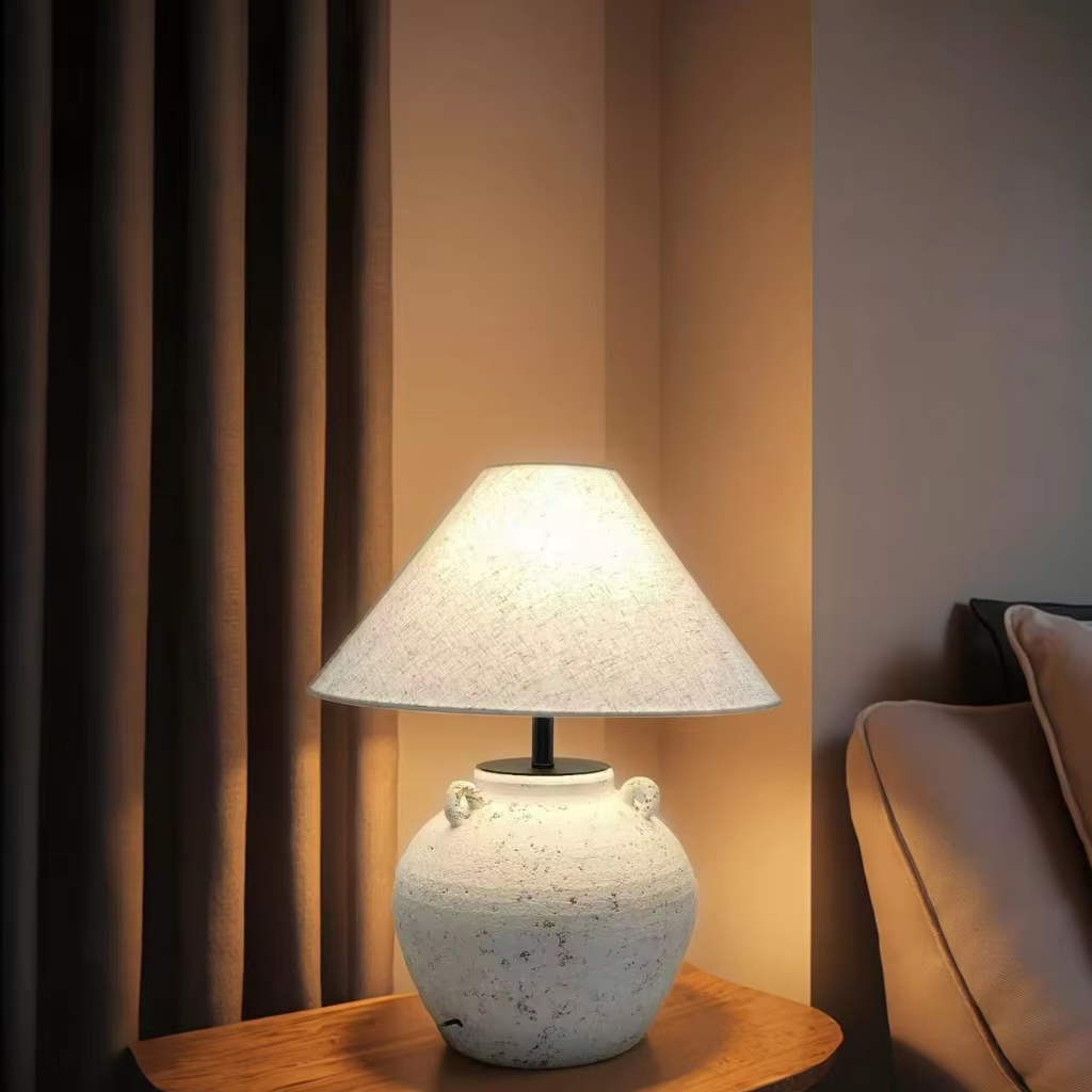 Rustic - Style Wabi - Sab Ceramic Table Lamp with Linen Shade
