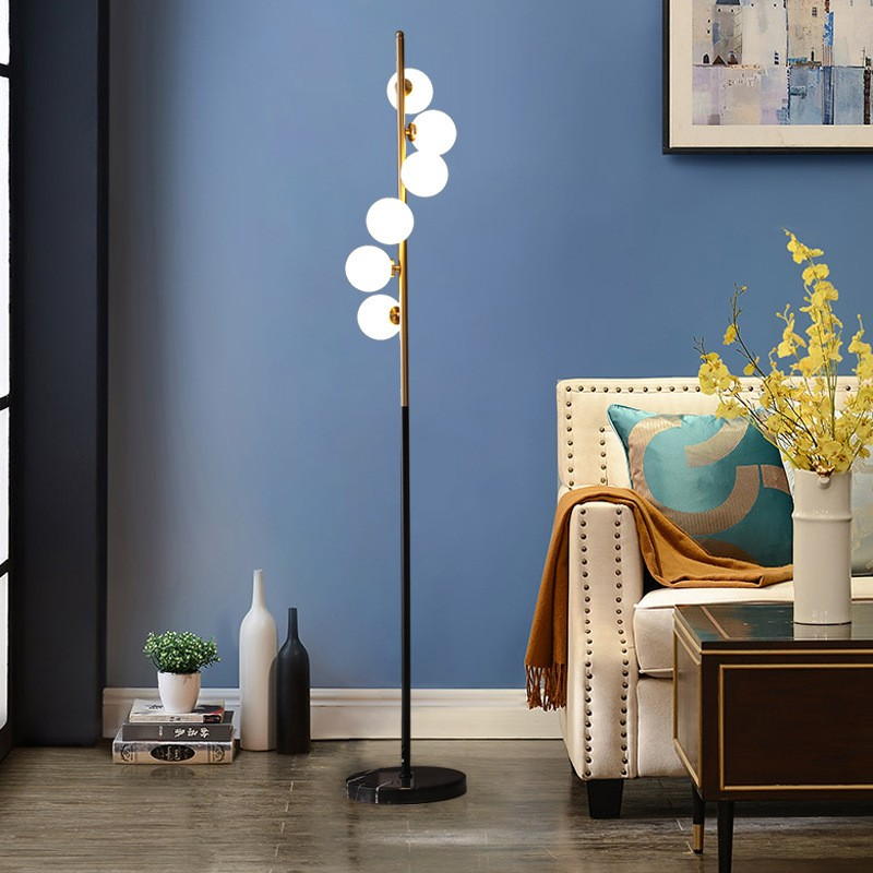 Modern Multi - Globe Floor Lamp | Metal & Marble Base, 6 G4 Sockets, Foot Switch