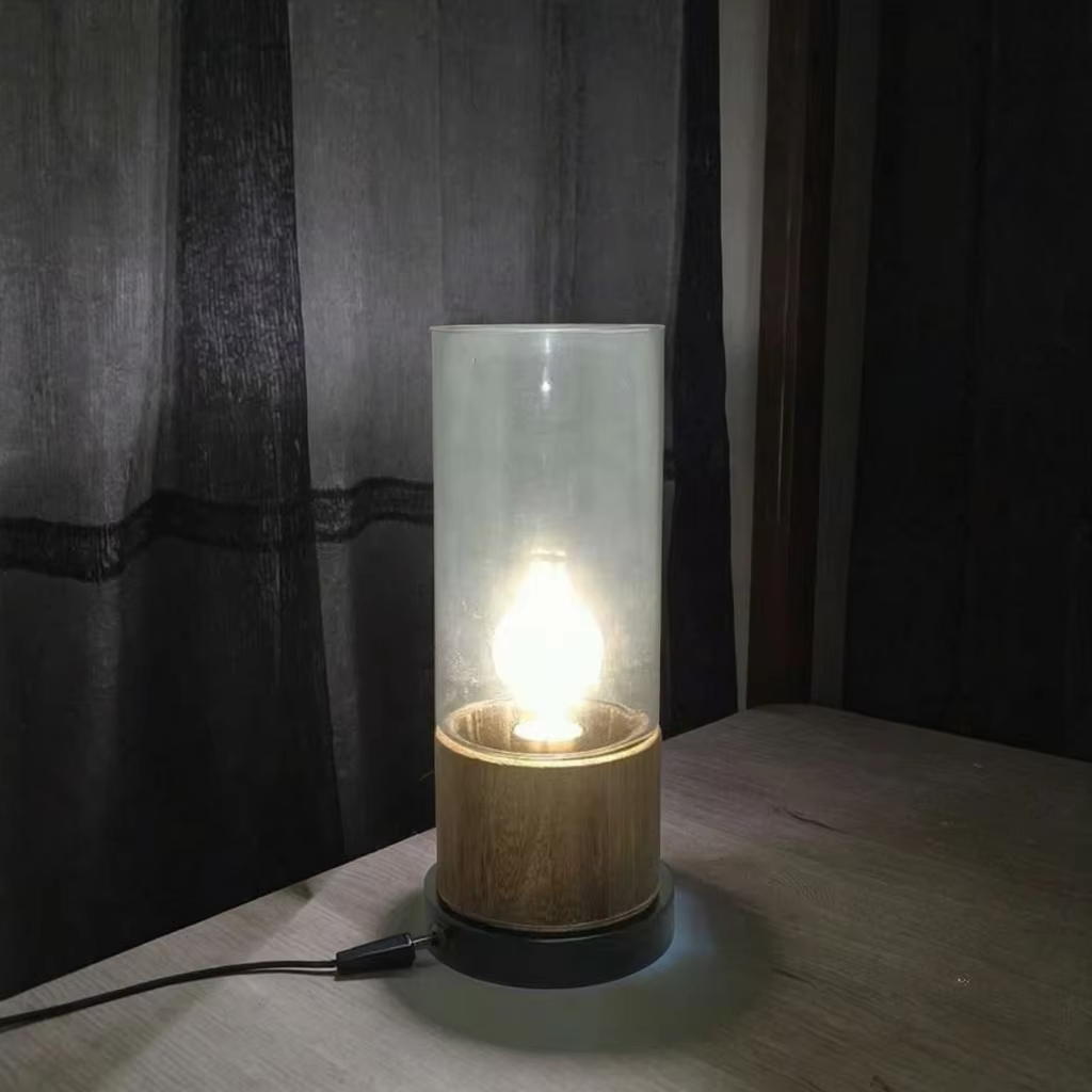 Modern Rustic Fusion: Glass, Wood, and Metal Table Lamp