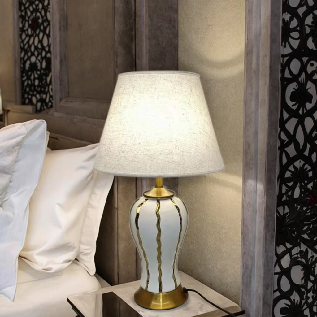 Elegant White Ceramic Table Lamp with Gold Accents & Linen Shade