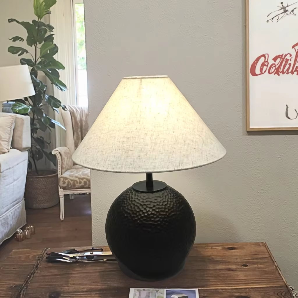 Black Ceramic Base Table Lamp with 420mm Linen Shade & Metal Support
