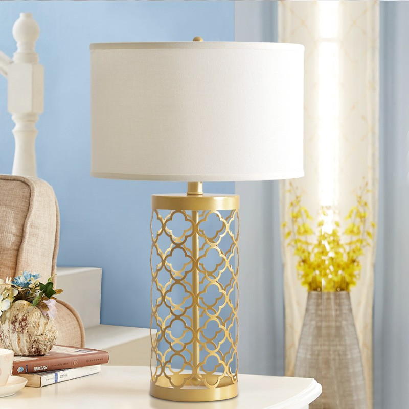 Elegant Gold - Bronze Electroplated Table Lamp: Linen Shade & Hollow - Out Design