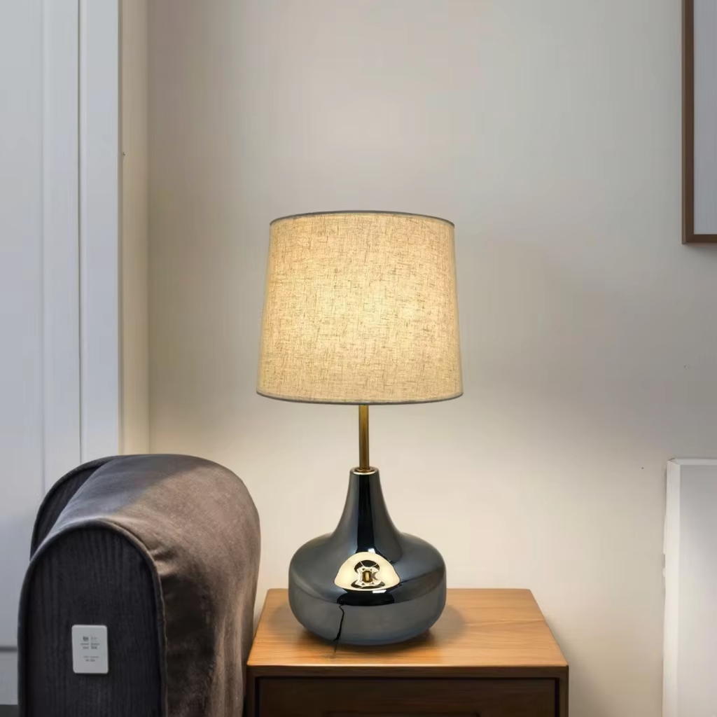 Modern Elegance: Chrome - Glass Base Table Lamp with Linen Shade