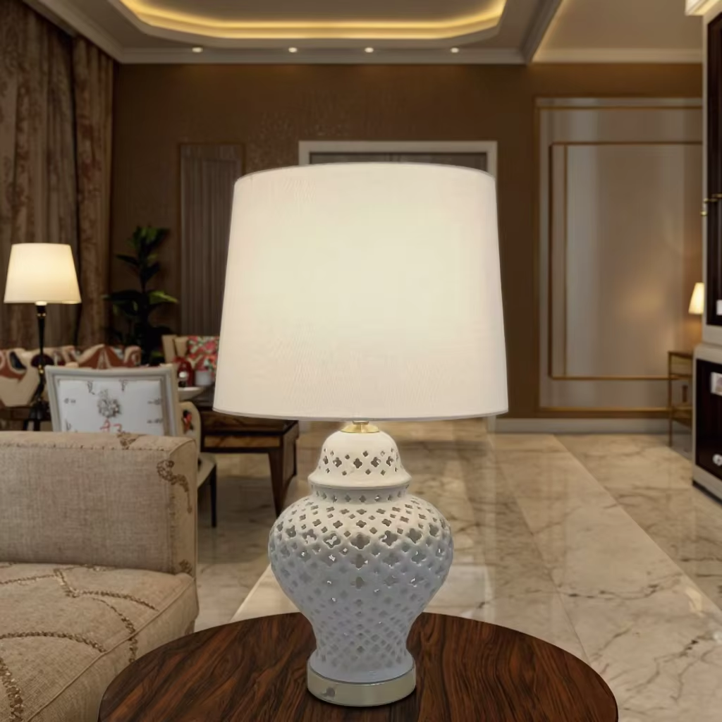 Elegant Ceramic Hollow Table Lamp with Linen Shade