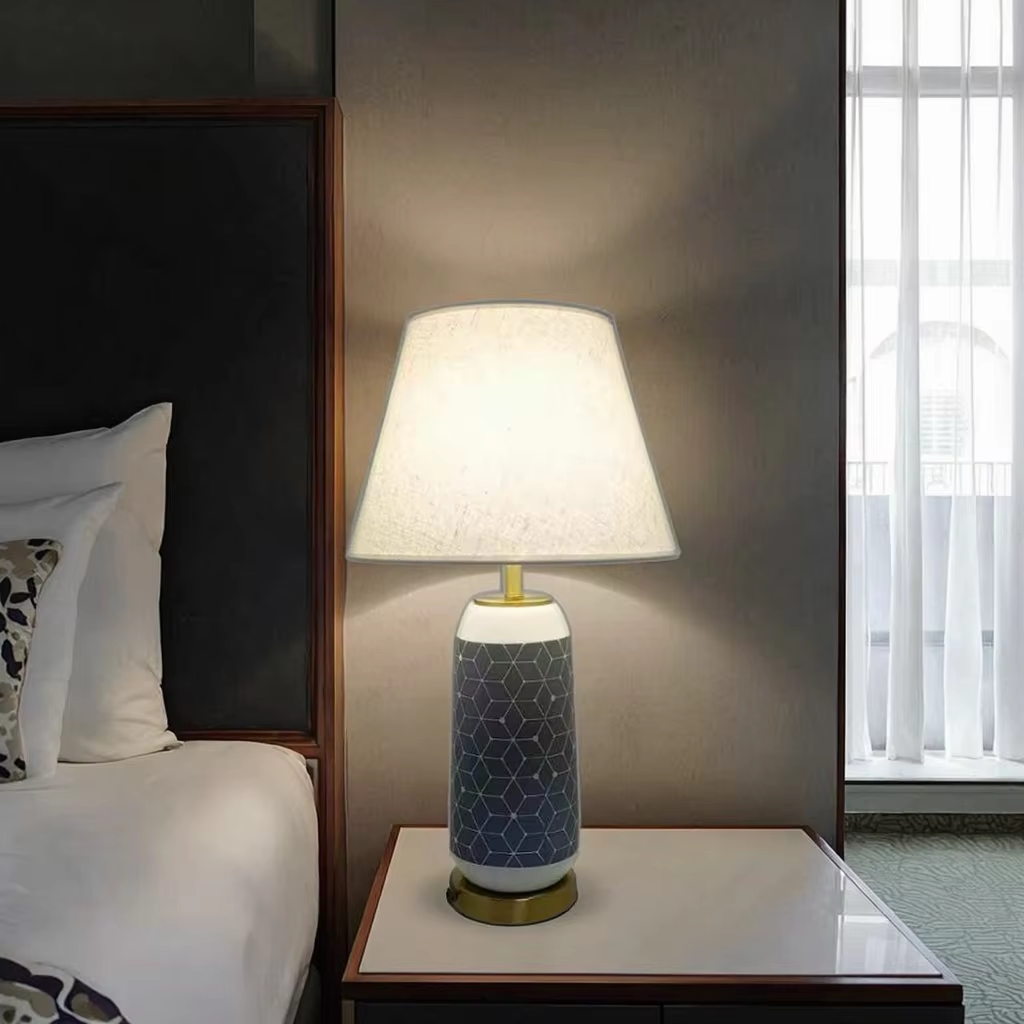 Geometric Pattern Ceramic Table Lamp: A Fusion of Cloth Shade, Metal Base, and Artistic Design Keywords