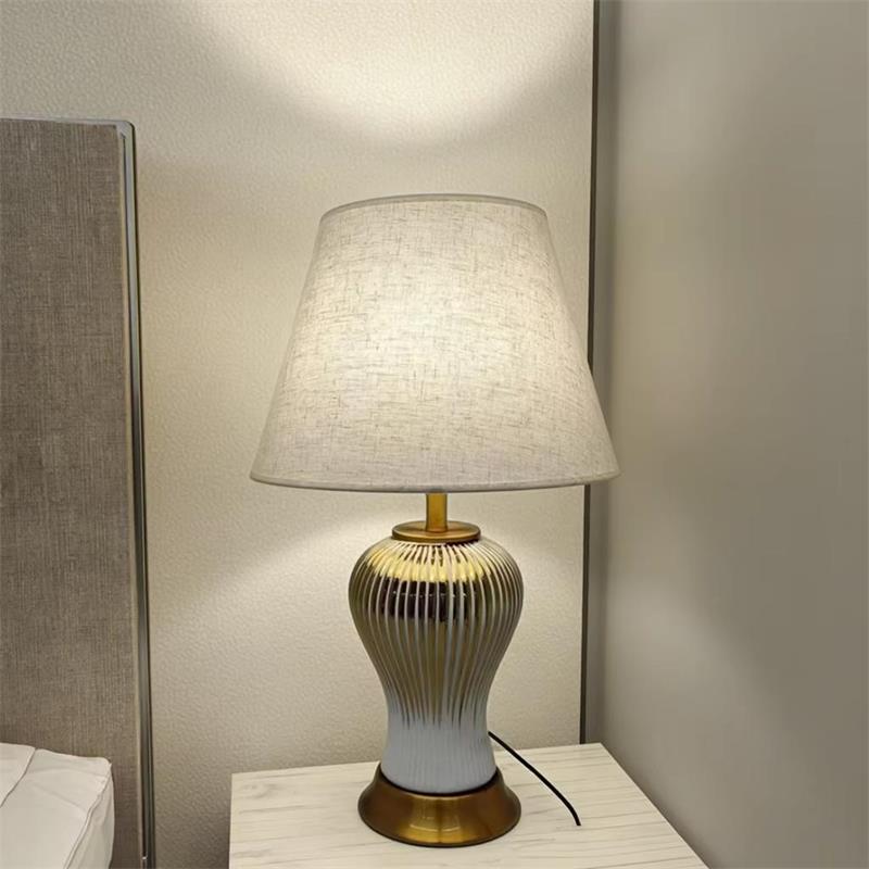 Stylish Gold Striped Ceramic Table Lamp with Linen Shade